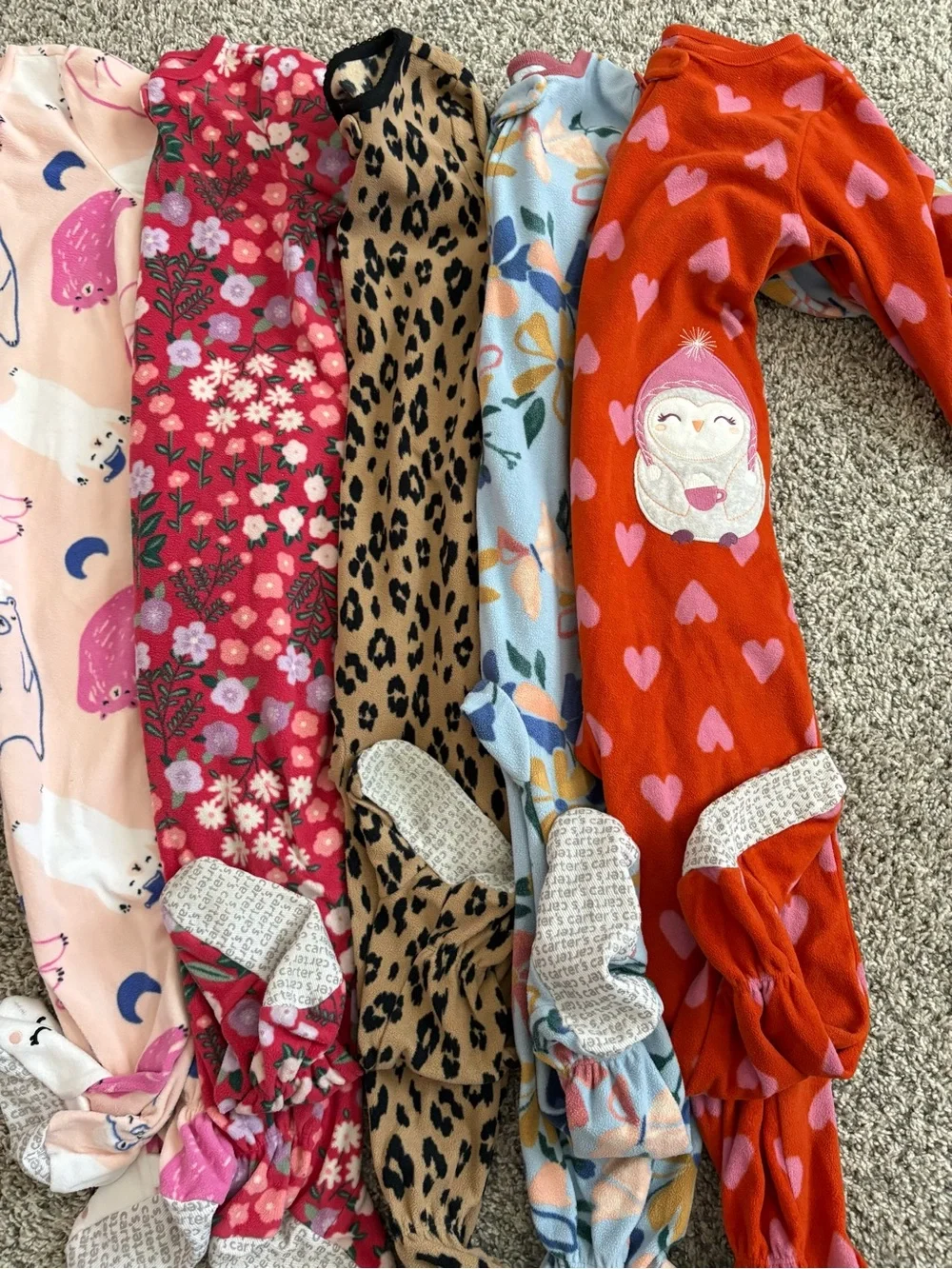 Girls Mixed Print Footed Pajama Lot - Hearts, Leopard, Floral, Pastel Prints